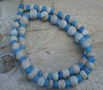 Fossilized Dinosaur and Afghani Glass Beads Necklace